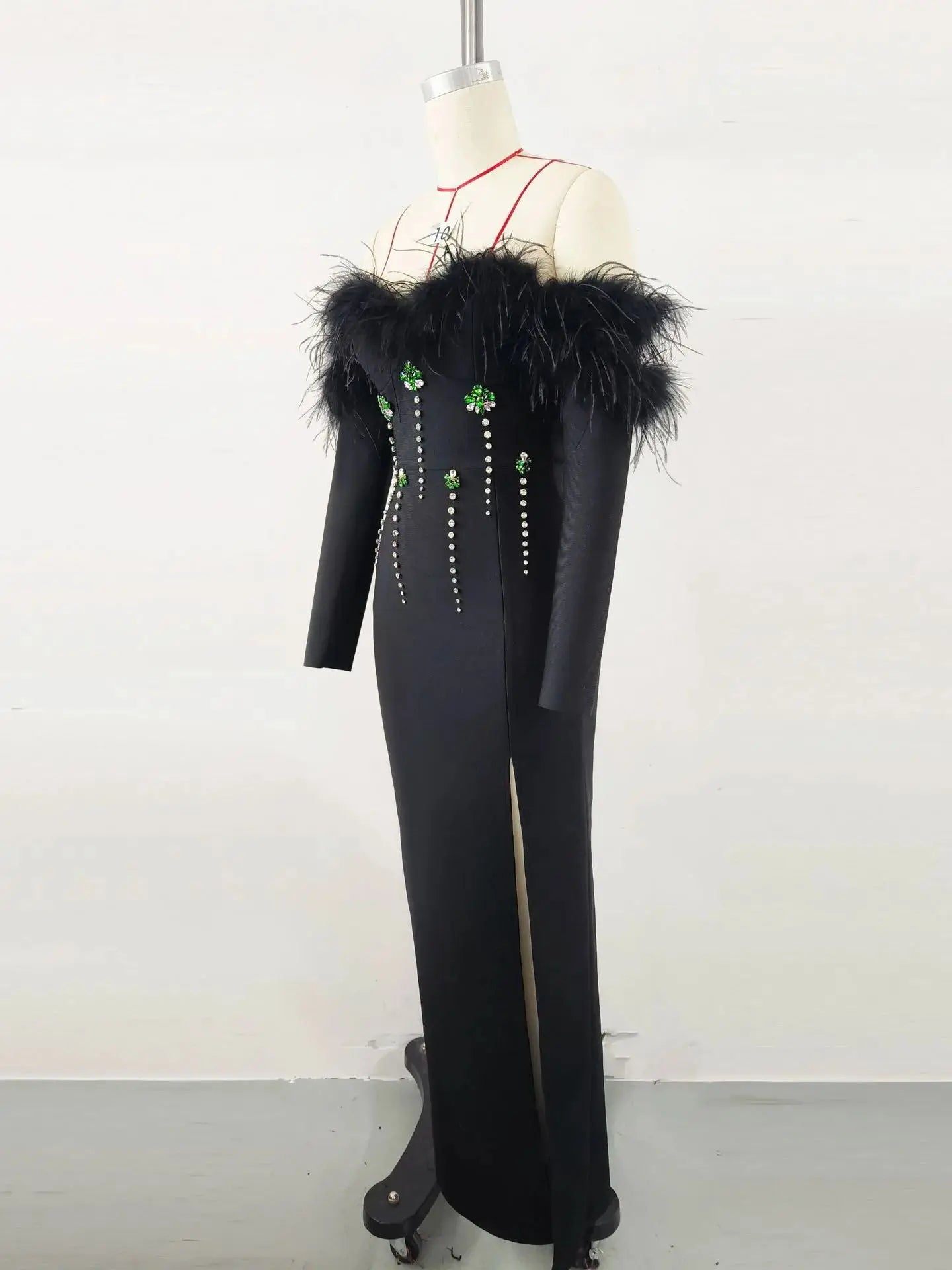 New Women Sexy Long Sleeve Feather Crystal Diamonds Black Knitted Long Bandage Dress Cut Out Elegant Evening Club Party Dress