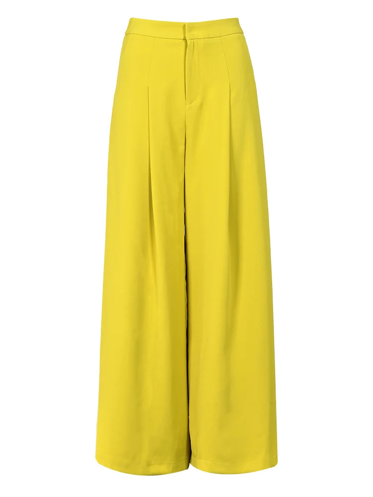 DEAT Fashhion Women's Yellow 2 Pcs Set V-neck Spliced Lpng Sleeve Blazer High Waist Wide Leg Pant Suit Summer 2024 New 15G7152 - KIMLUD