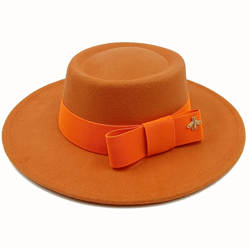 Wholesale Fedora hats Winter round concave convex surface flat top bow elastic ribbon men's and women's felt jazz hats Fedora - KIMLUD