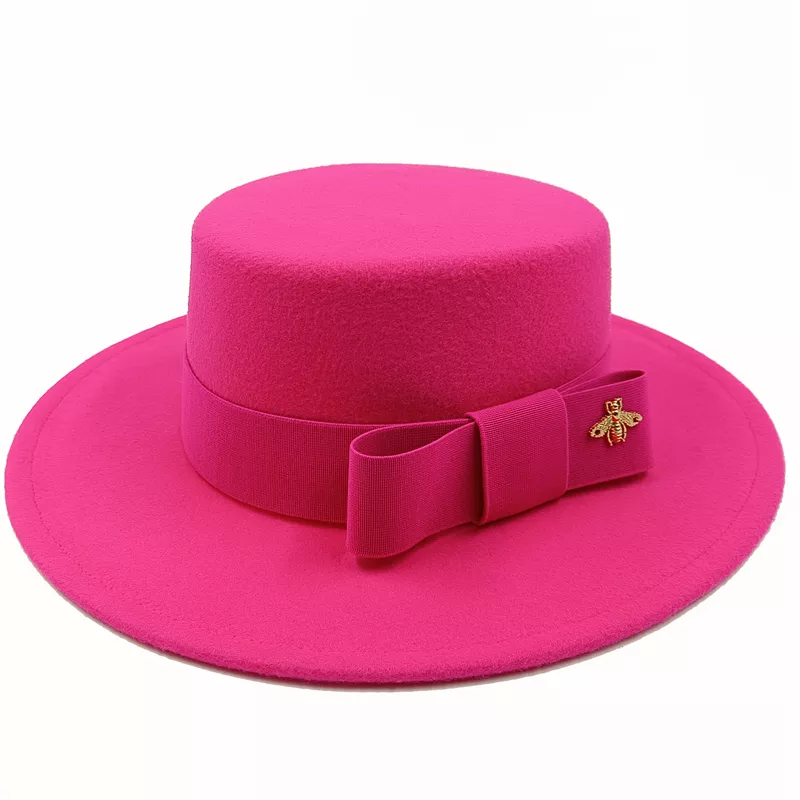 Wholesale Fedora hats Winter round concave convex surface flat top bow elastic ribbon men's and women's felt jazz hats Fedora - KIMLUD