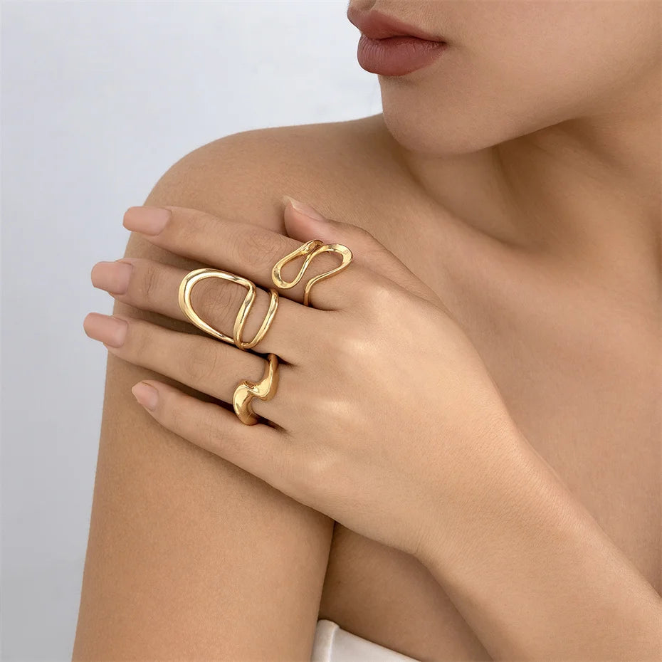Ingemark 3Pcs Creative Irregular Twisted Metal Open Rings for Women Vintage Geometric Adjustable Finger Ring Couple Accessories
