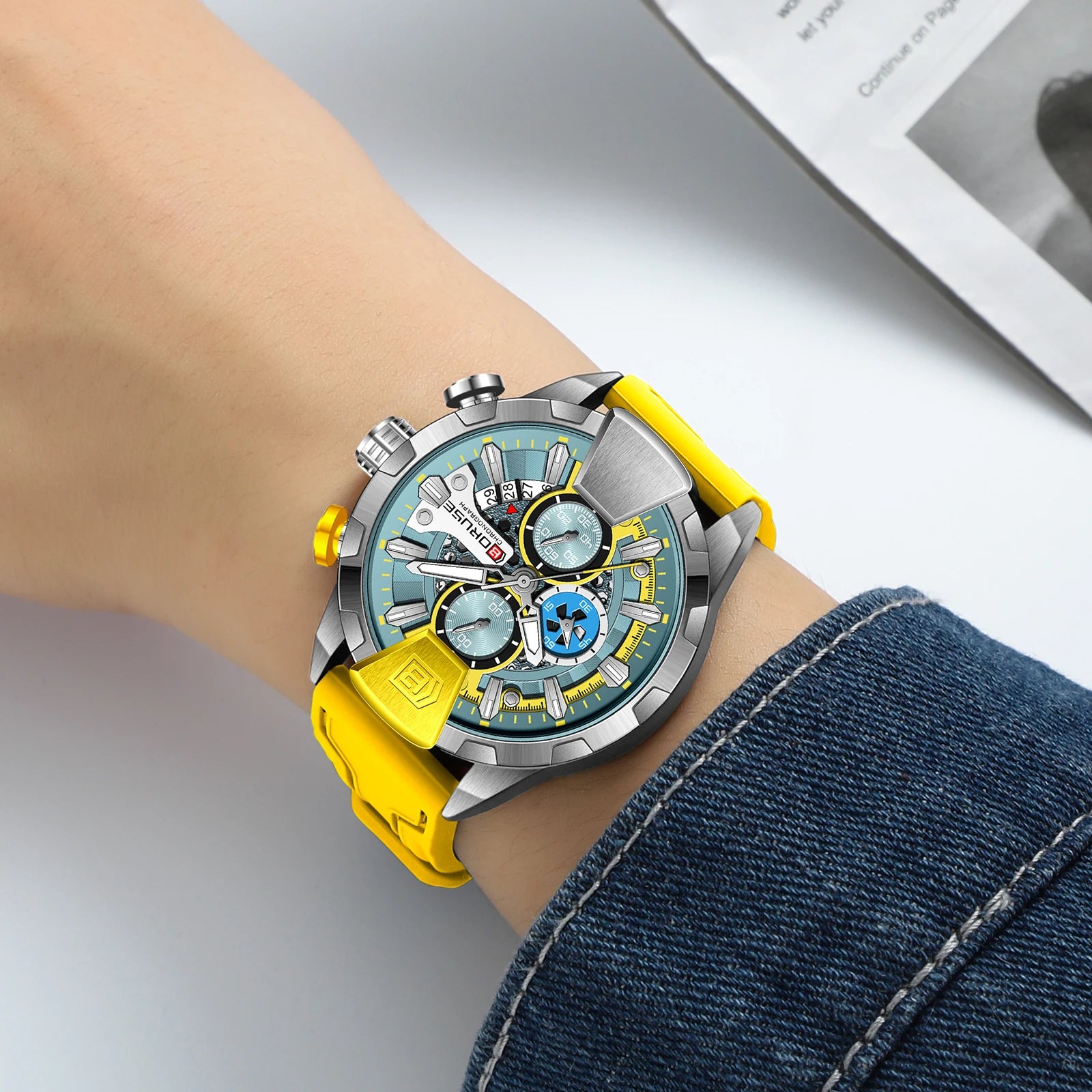 BORUSE Yellow Watches for Men Business Chronograph Silicone Waterproof Quartz Wristwatch Reloj Hombre