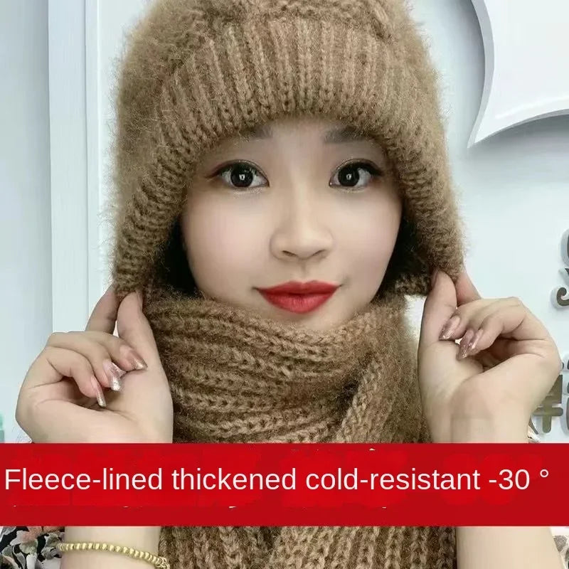 New Plush and Thickened Scarf Integrated Wind and Snow Hat, Autumn and Winter Squirrel Fluff Thread Hat for Warmth - KIMLUD