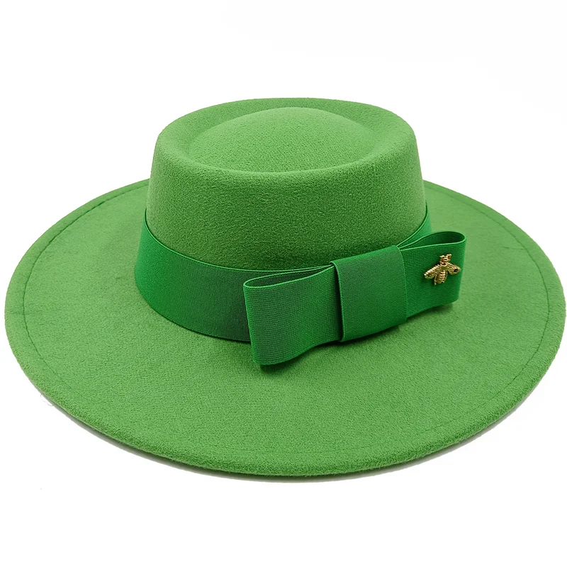 Wholesale Fedora hats Winter round concave convex surface flat top bow elastic ribbon men's and women's felt jazz hats Fedora - KIMLUD