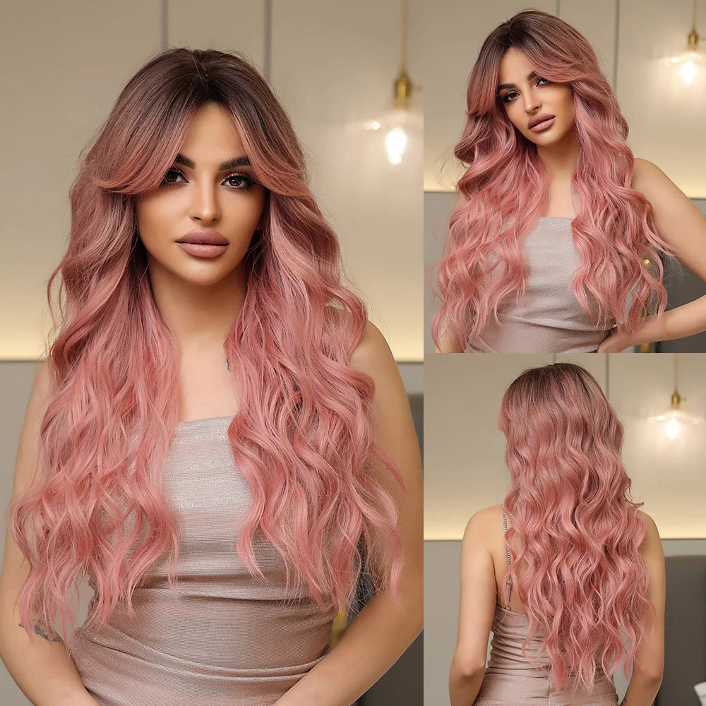 oneNonly Pink White Long Wig Blonde Rainbow Wavy Wigs Halloween Cosplay Party Wigs for Women Makeup Tools Synthetic Hair - KIMLUD