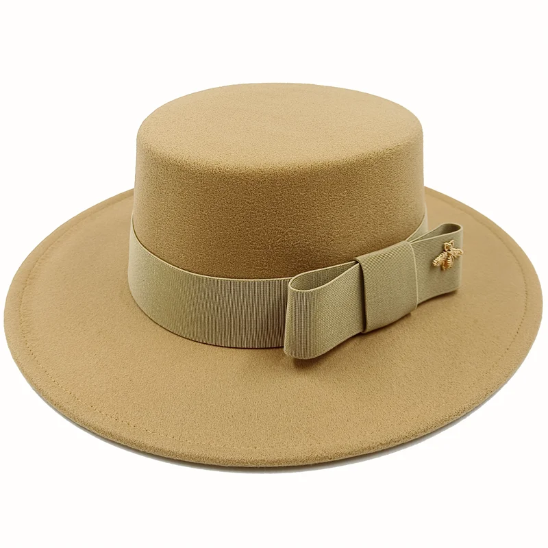 Wholesale Fedora hats Winter round concave convex surface flat top bow elastic ribbon men's and women's felt jazz hats Fedora - KIMLUD