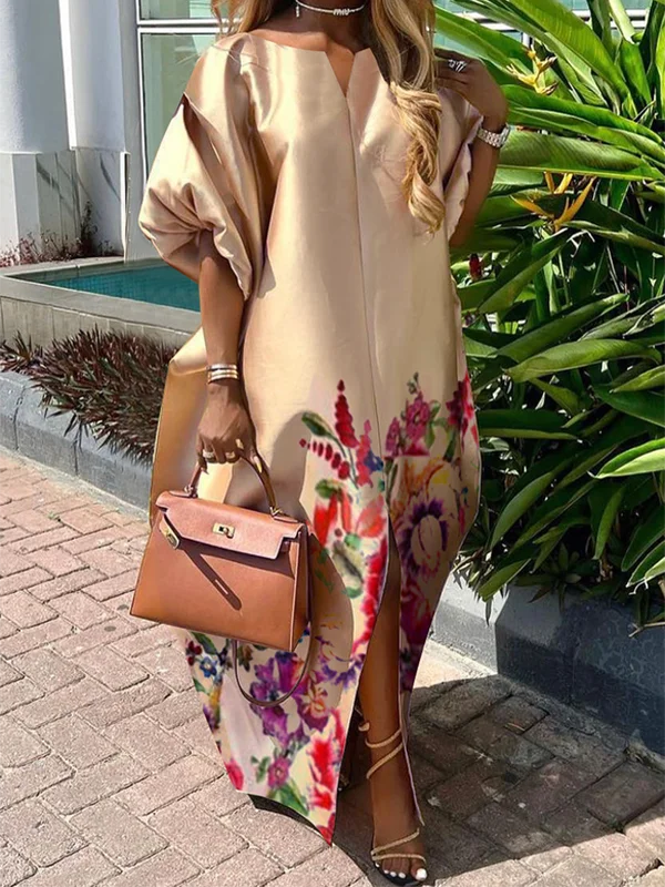 Freeacy Women's Elegant Floral Printed Maxi Dress Boat Neck Puff Sleeves H-line Splited Evening Dresses Floor Length Party Dress - KIMLUD