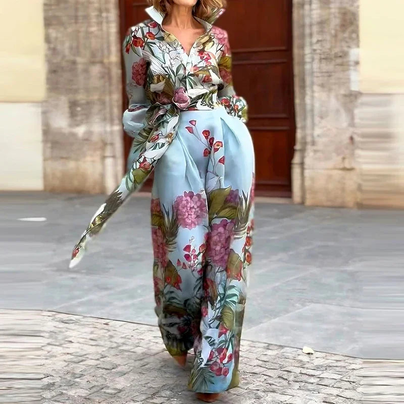 KIMLUD, 2024 Fashion Lace Up Party Outfit Elegant Pattern Print Autumn 2 Piece Sets Casual Lapel Lantern Sleeve Shirt + Long Skirt Suit, KIMLUD Womens Clothes
