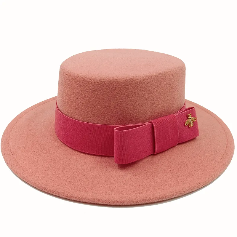 Wholesale Fedora hats Winter round concave convex surface flat top bow elastic ribbon men's and women's felt jazz hats Fedora - KIMLUD
