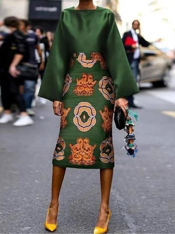 Krismile Women Spring Printed Midi Dresses 2024 Fashion Long Sleeves Round-Neck Midi Dresses Vintage Green Dresses - KIMLUD