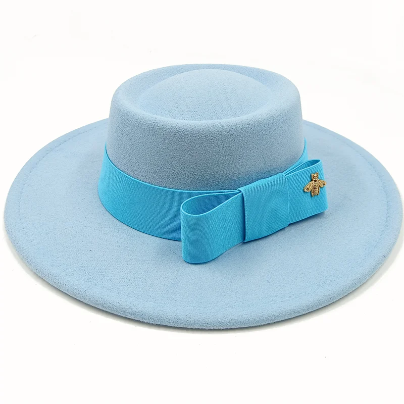 Wholesale Fedora hats Winter round concave convex surface flat top bow elastic ribbon men's and women's felt jazz hats Fedora - KIMLUD