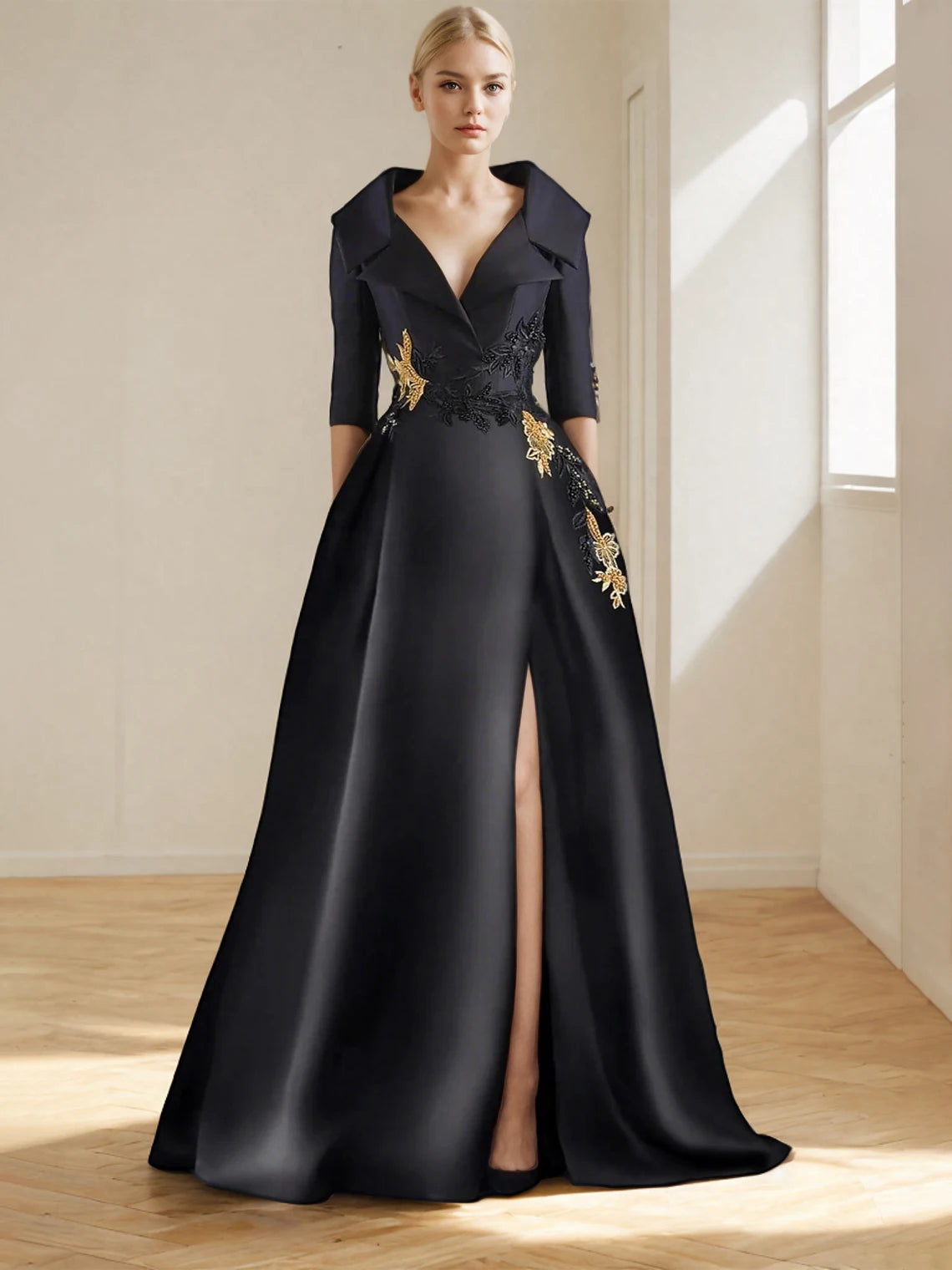 KIMLUD, A-Line Evening Gown Elegant Dress Formal Floor Length Shirt Collar Pocket with Appliques dress to impress 2025 free customized, Black / 4 / Floor Length|CHINA, KIMLUD APPAREL - Womens Clothes