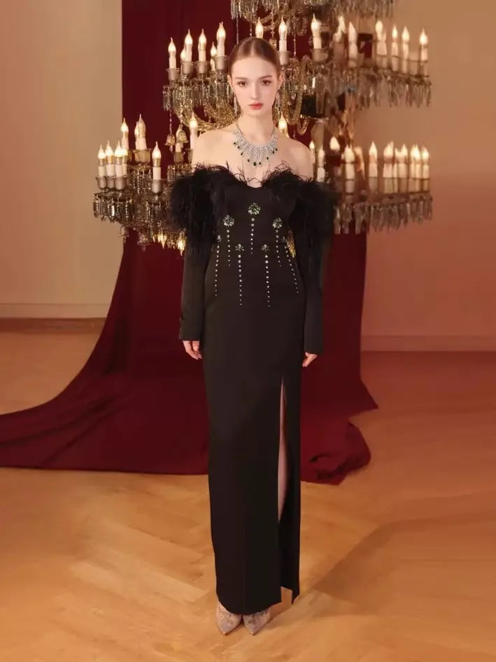 New Women Sexy Long Sleeve Feather Crystal Diamonds Black Knitted Long Bandage Dress Cut Out Elegant Evening Club Party Dress