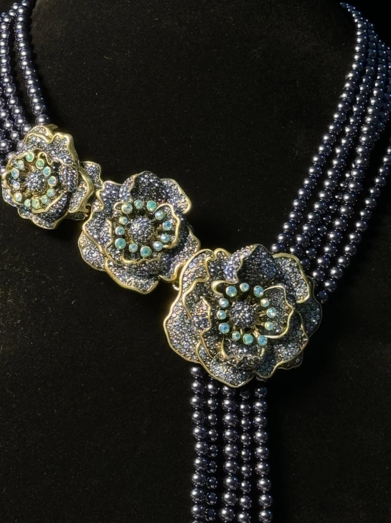 HD Europe and the United States Retro Literature Sweet Heavy Multi-Layer Glaze Inlaid Shiny Rhinestone Flowers Tassel Necklace