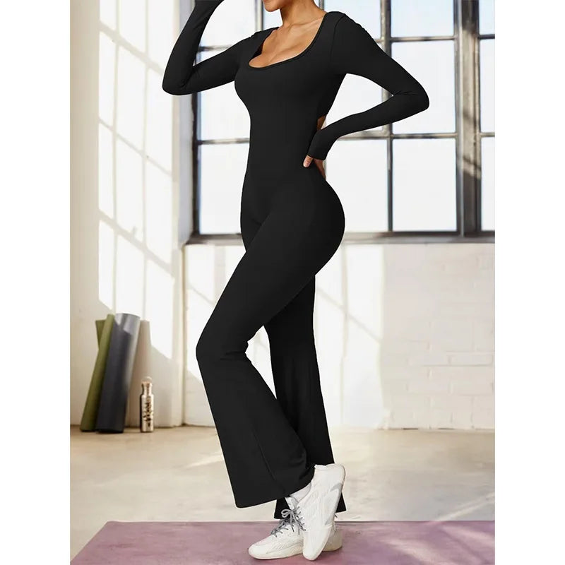 long sleeved jumpsuit U-neck tight and sexy backless jumpsuit for autumn and winter yoga sports and leisure series