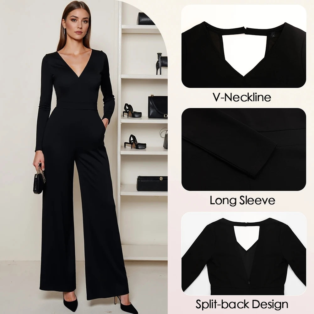 Mia Muse Women's Jumpsuits All Season French Elegant Solid Color Waist In Design Long Sleeve Plunge Neck Wide Leg Suitable for