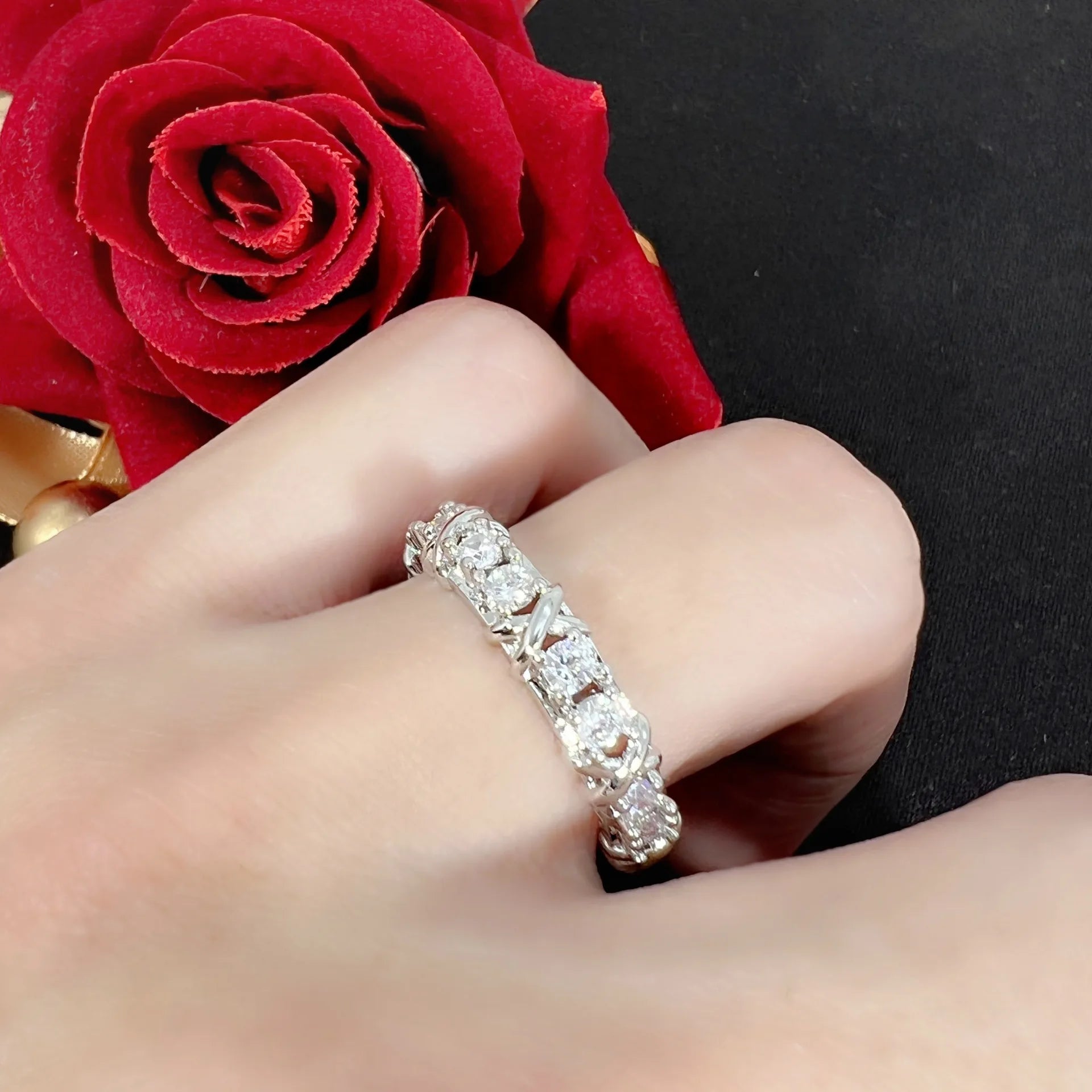 KIMLUD, Luxury 925 Sterling Silver Ring Interlaced With Aaa Zircon Crystal Ring For A Woman'S Engagement Jewelry Gift 2 Color Choices, KIMLUD Womens Clothes