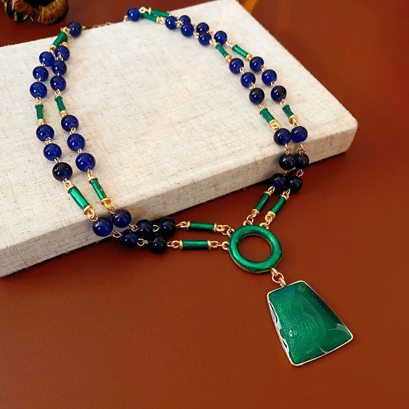 Three Pieces Vintage Drop Oil Jewelry Set Silver Needle Bamboo Knot Tassel Earrings Light Luxury Exaggerated Necklace Sets Women