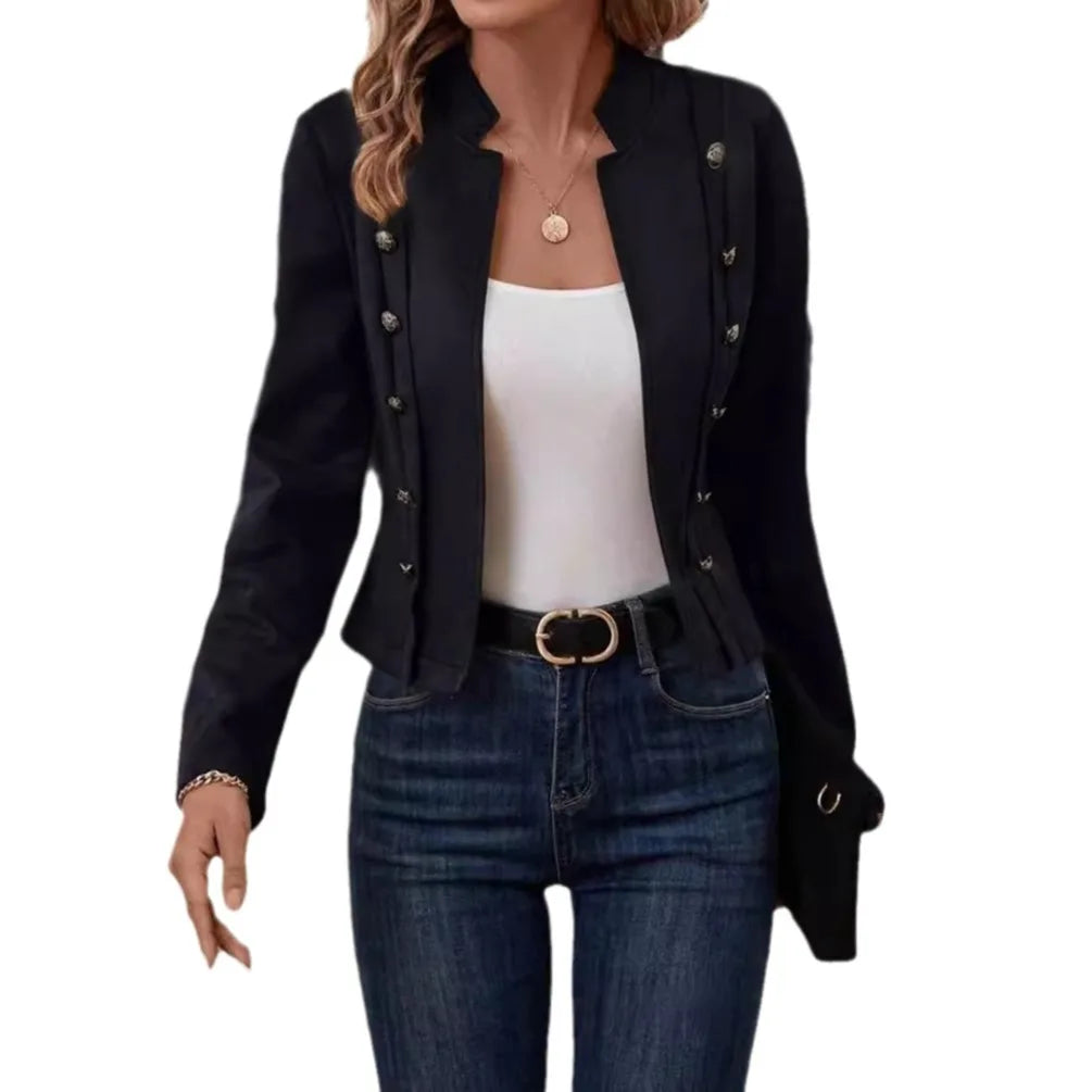 Spring Auutmn Jacket Blazer Coat Double-breasted Stand Collar Buttons Slim Long Sleeves Retro Cardigan Women Outdoor Suit Jacket