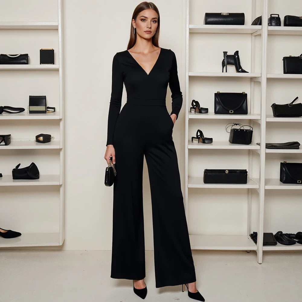 Mia Muse Women's Jumpsuits All Season French Elegant Solid Color Waist In Design Long Sleeve Plunge Neck Wide Leg Suitable for