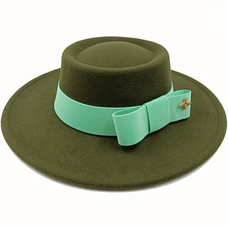 Wholesale Fedora hats Winter round concave convex surface flat top bow elastic ribbon men's and women's felt jazz hats Fedora - KIMLUD