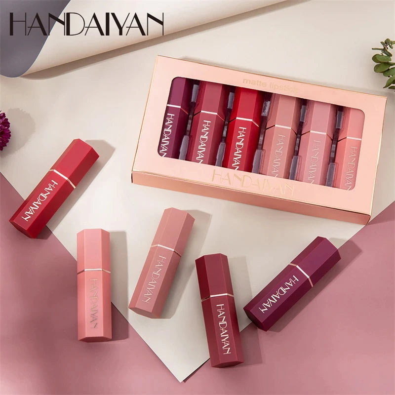 HANDAIYAN 6Pcs/Box Velvet Matte Lipstick Kit Lips Makeup Nude Lip Stick Make Up Cosmetics Foggy Matt Tint Lip Balm Cream Pigment