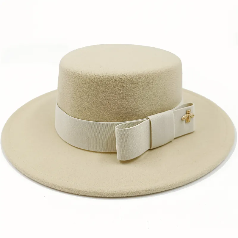 Wholesale Fedora hats Winter round concave convex surface flat top bow elastic ribbon men's and women's felt jazz hats Fedora - KIMLUD