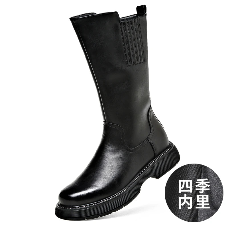 Long Boots Men's High Barrel Genuine Leather Knight Thick Sole Vintage High Top Denim Martin Soft Leather Plush Elevated Horse - KIMLUD