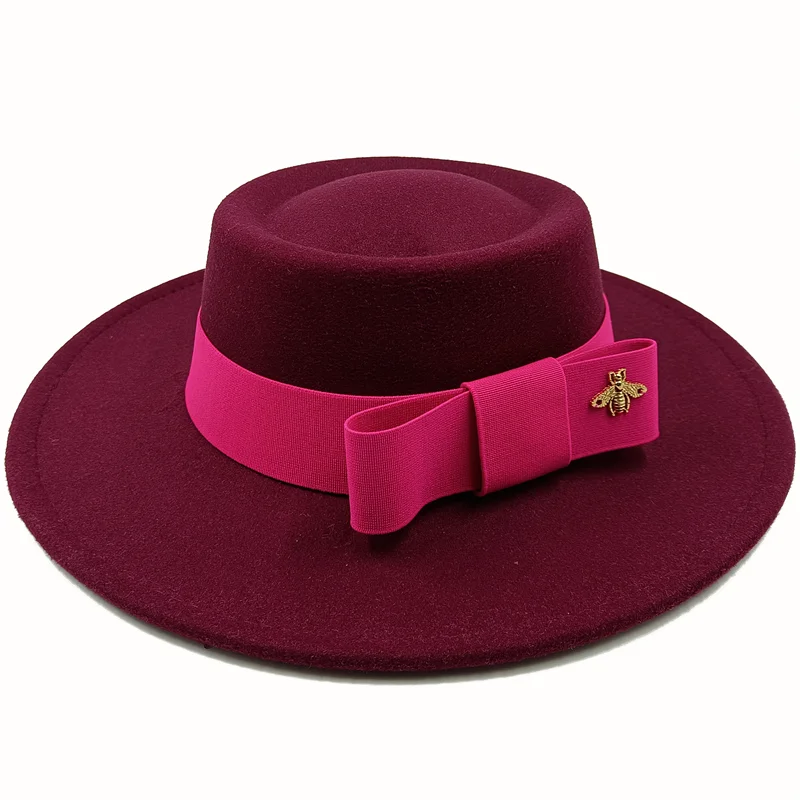 Wholesale Fedora hats Winter round concave convex surface flat top bow elastic ribbon men's and women's felt jazz hats Fedora - KIMLUD