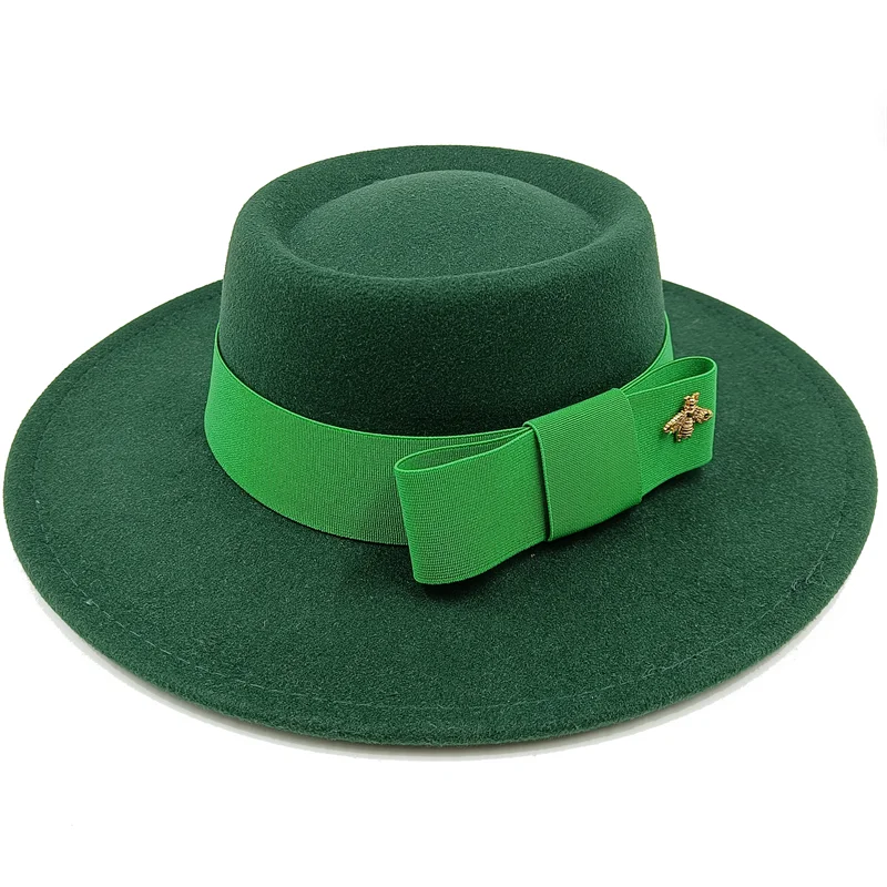 Wholesale Fedora hats Winter round concave convex surface flat top bow elastic ribbon men's and women's felt jazz hats Fedora - KIMLUD