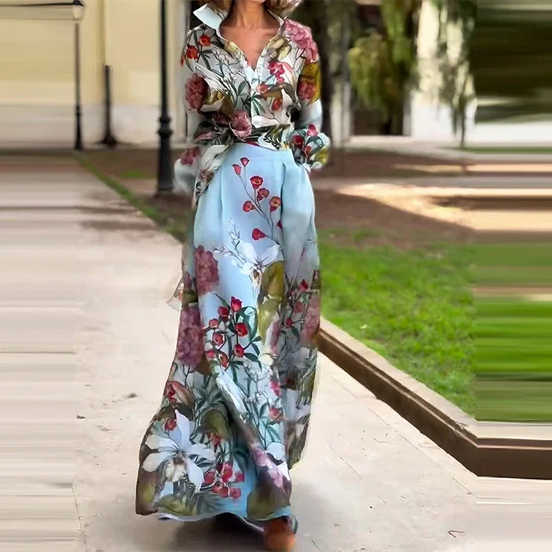 KIMLUD, 2024 Fashion Lace Up Party Outfit Elegant Pattern Print Autumn 2 Piece Sets Casual Lapel Lantern Sleeve Shirt + Long Skirt Suit, 01 Green Print / S, KIMLUD APPAREL - Womens Clothes