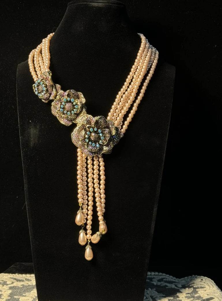 HD Europe and the United States Retro Literature Sweet Heavy Multi-Layer Glaze Inlaid Shiny Rhinestone Flowers Tassel Necklace