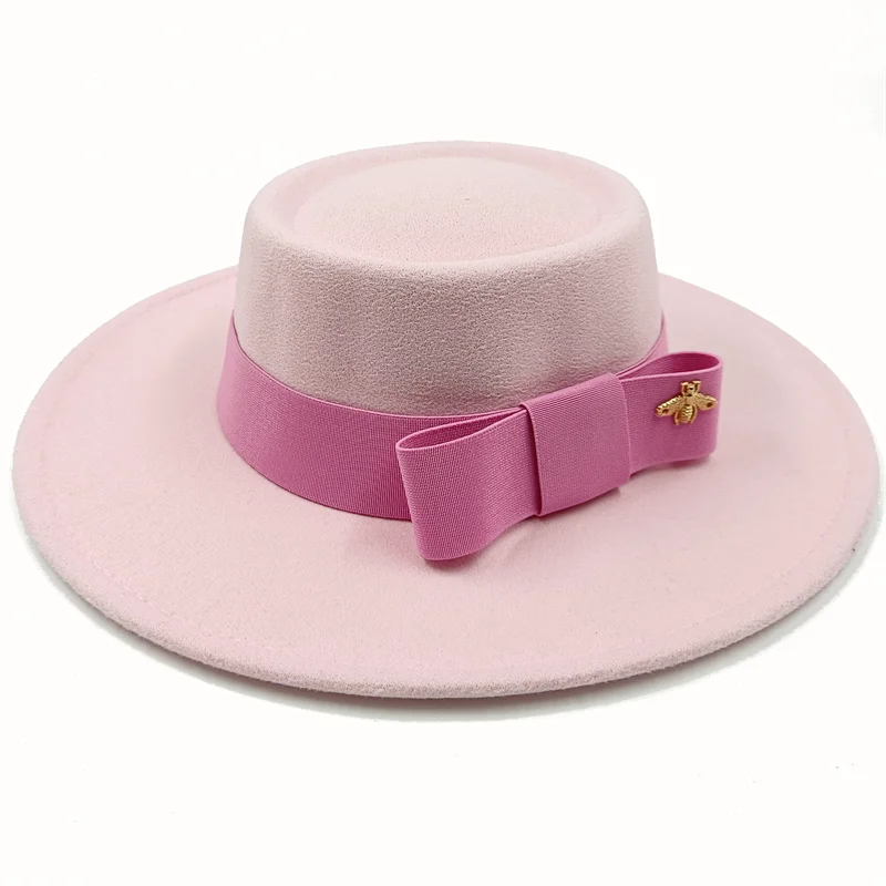Wholesale Fedora hats Winter round concave convex surface flat top bow elastic ribbon men's and women's felt jazz hats Fedora - KIMLUD