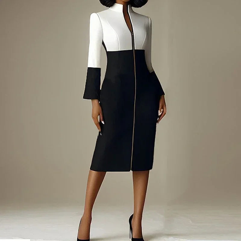 KIMLUD, Krisstar 2025 New Women's Bodycon Dresses Contrast Color V-neck with Zipper Long Sleeves Formal Occasion Office Midi Dresses, White Black / XXL, KIMLUD APPAREL - Womens Clothes