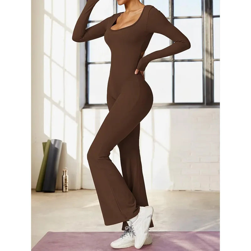 long sleeved jumpsuit U-neck tight and sexy backless jumpsuit for autumn and winter yoga sports and leisure series