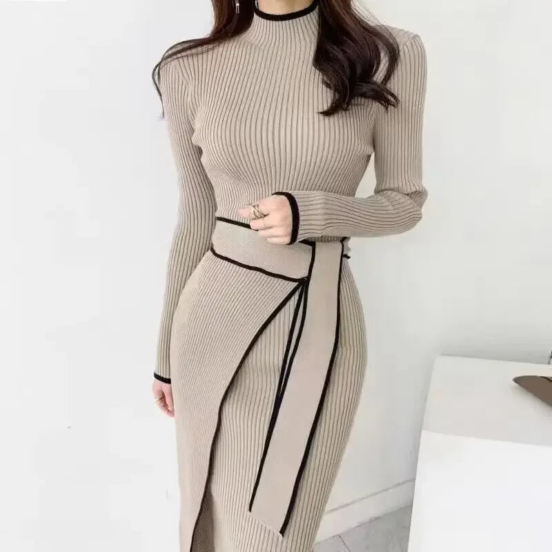 KIMLUD, New Retro Knitted Bodycon Dress Women Korean Fashion Autumn Winter Half High Collar Lace Up Elegant Sweater Dresses Vestidos, KIMLUD Womens Clothes