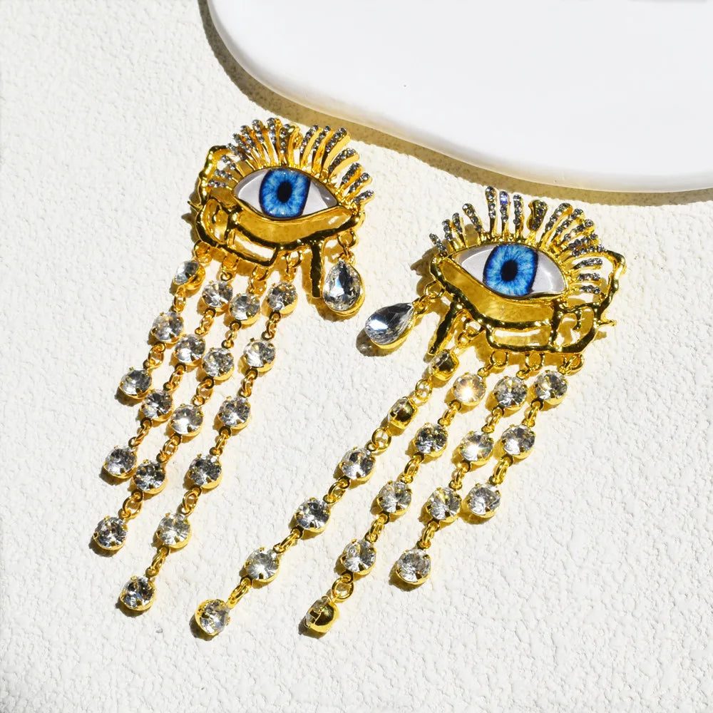 Vintage Ethnic Golden Eyes Chain Dangle Earrings For Women Fashion Jewelry Baroque Style Lady Statement Earrings Accessories