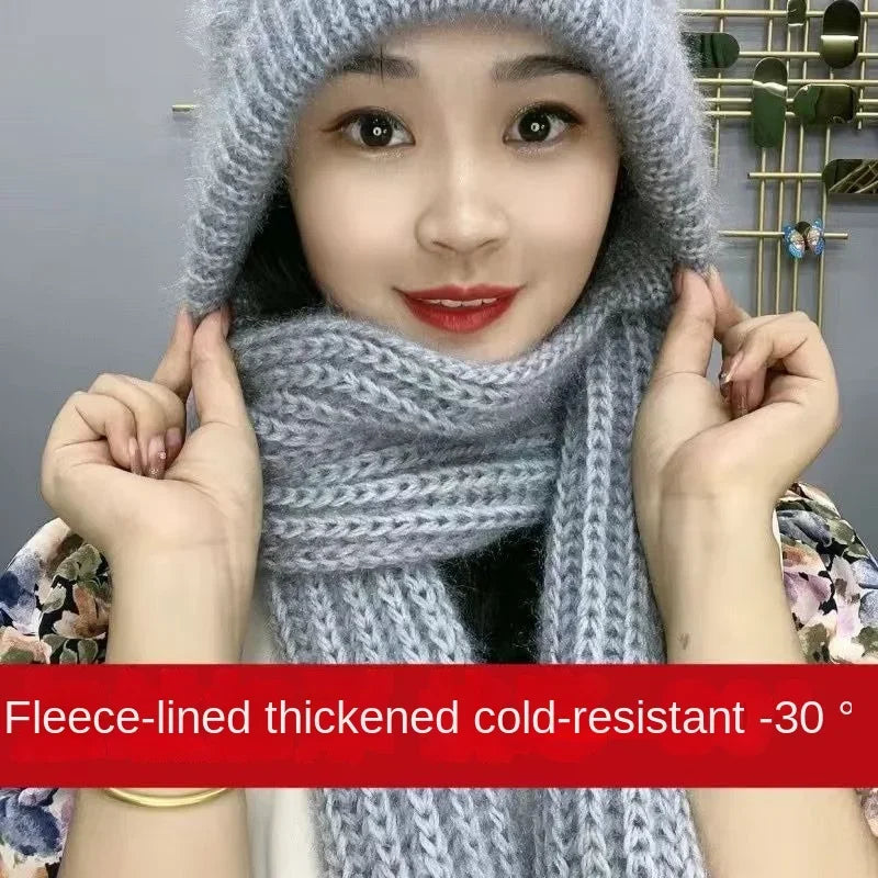 New Plush and Thickened Scarf Integrated Wind and Snow Hat, Autumn and Winter Squirrel Fluff Thread Hat for Warmth - KIMLUD