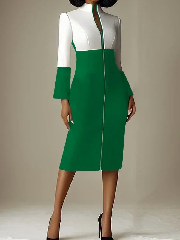 KIMLUD, Krisstar 2025 New Women's Bodycon Dresses Contrast Color V-neck with Zipper Long Sleeves Formal Occasion Office Midi Dresses, White Green / S, KIMLUD APPAREL - Womens Clothes