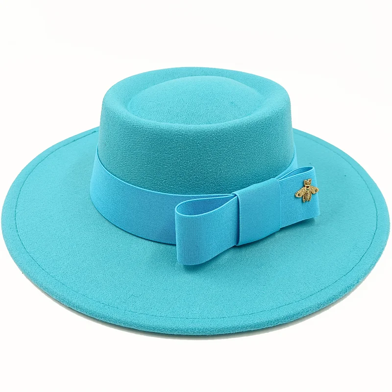 Wholesale Fedora hats Winter round concave convex surface flat top bow elastic ribbon men's and women's felt jazz hats Fedora - KIMLUD