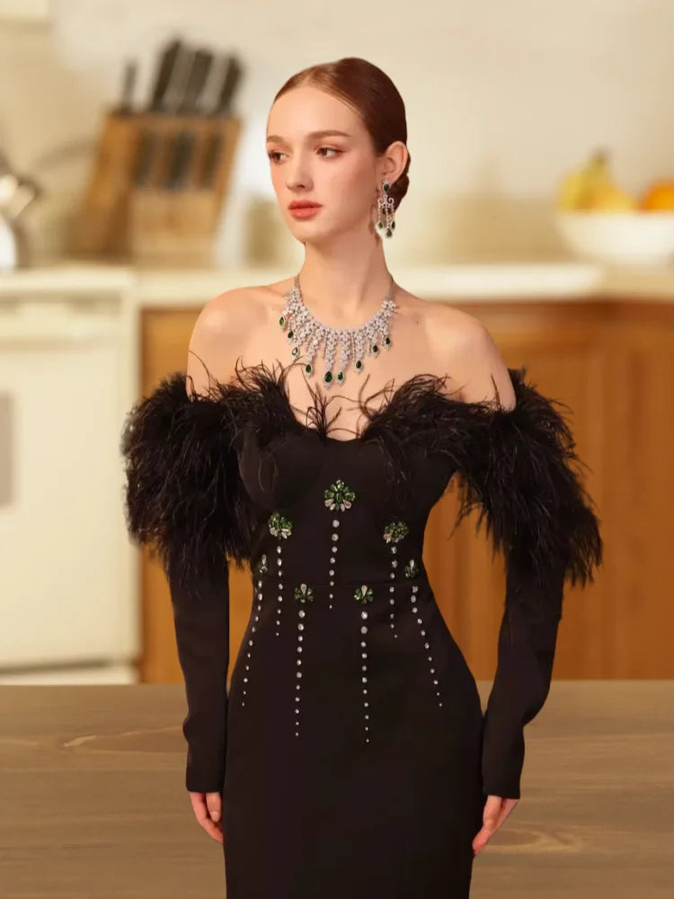 New Women Sexy Long Sleeve Feather Crystal Diamonds Black Knitted Long Bandage Dress Cut Out Elegant Evening Club Party Dress