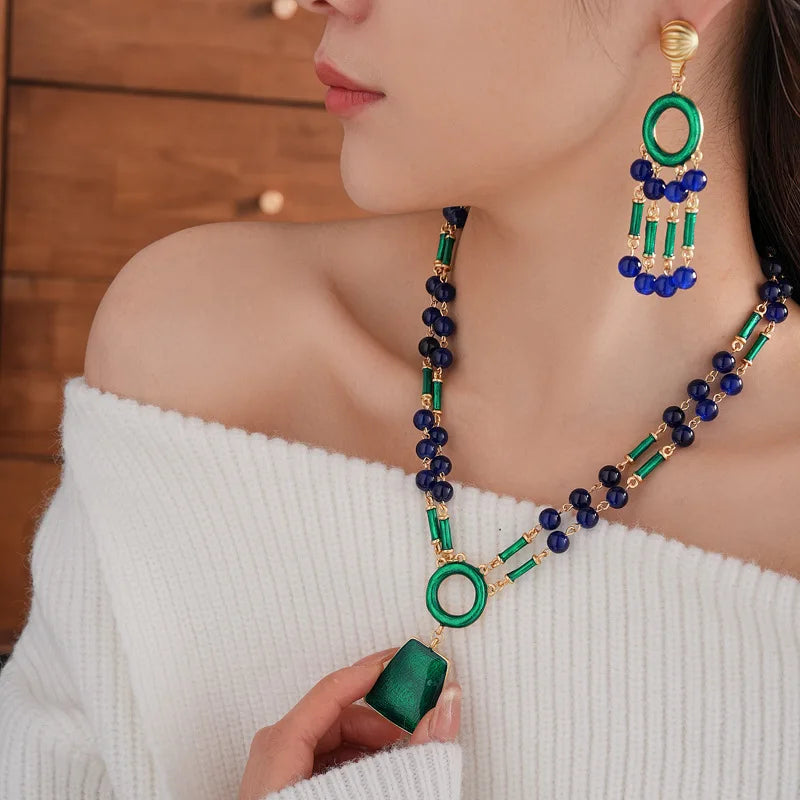 Three Pieces Vintage Drop Oil Jewelry Set Silver Needle Bamboo Knot Tassel Earrings Light Luxury Exaggerated Necklace Sets Women