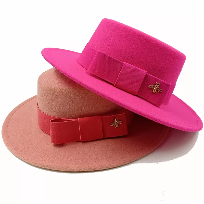 Wholesale Fedora hats Winter round concave convex surface flat top bow elastic ribbon men's and women's felt jazz hats Fedora - KIMLUD