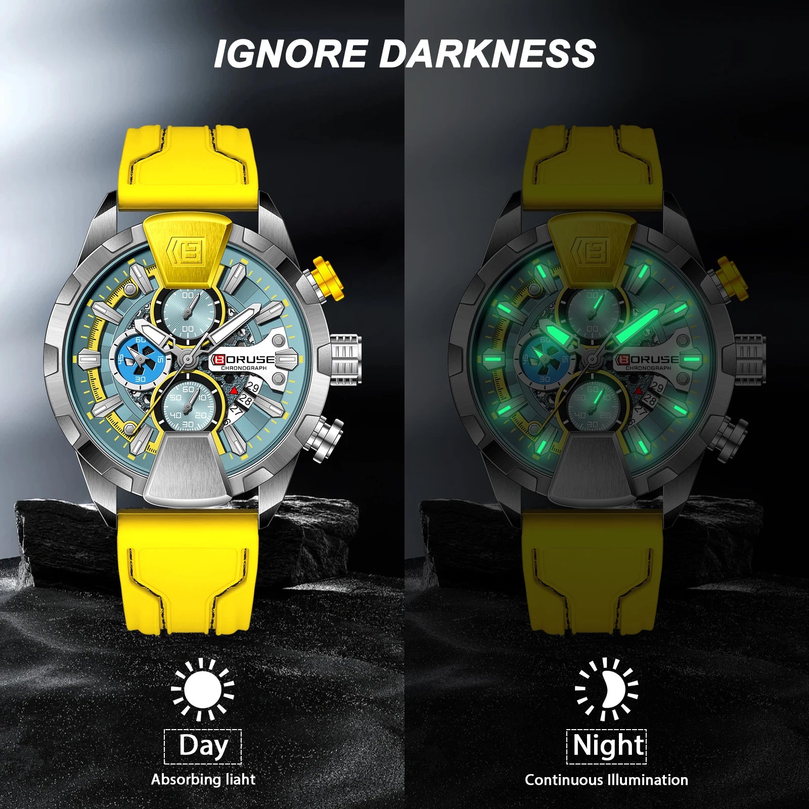 BORUSE Yellow Watches for Men Business Chronograph Silicone Waterproof Quartz Wristwatch Reloj Hombre