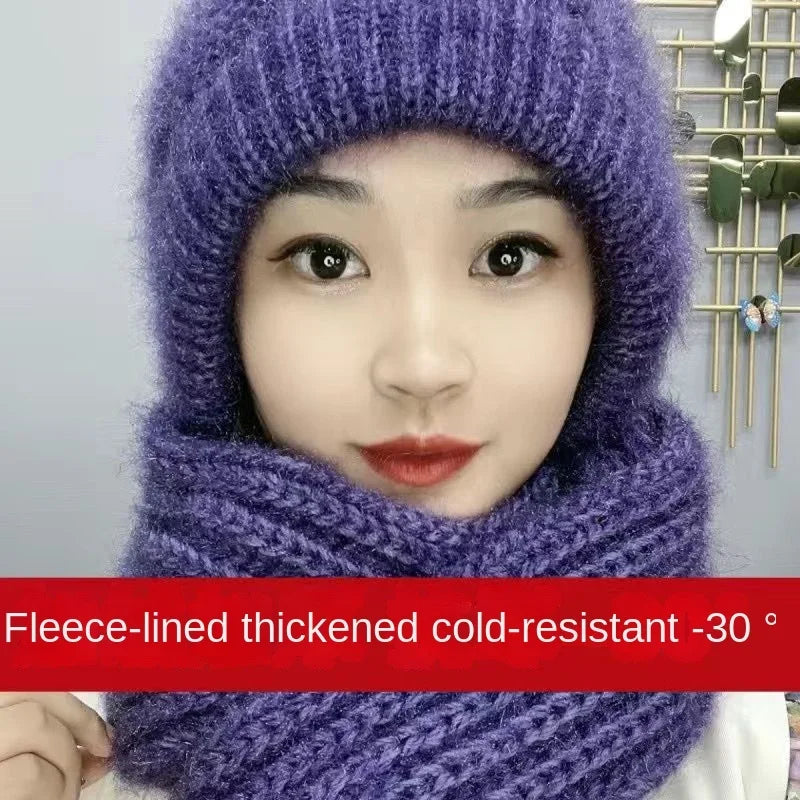 New Plush and Thickened Scarf Integrated Wind and Snow Hat, Autumn and Winter Squirrel Fluff Thread Hat for Warmth - KIMLUD