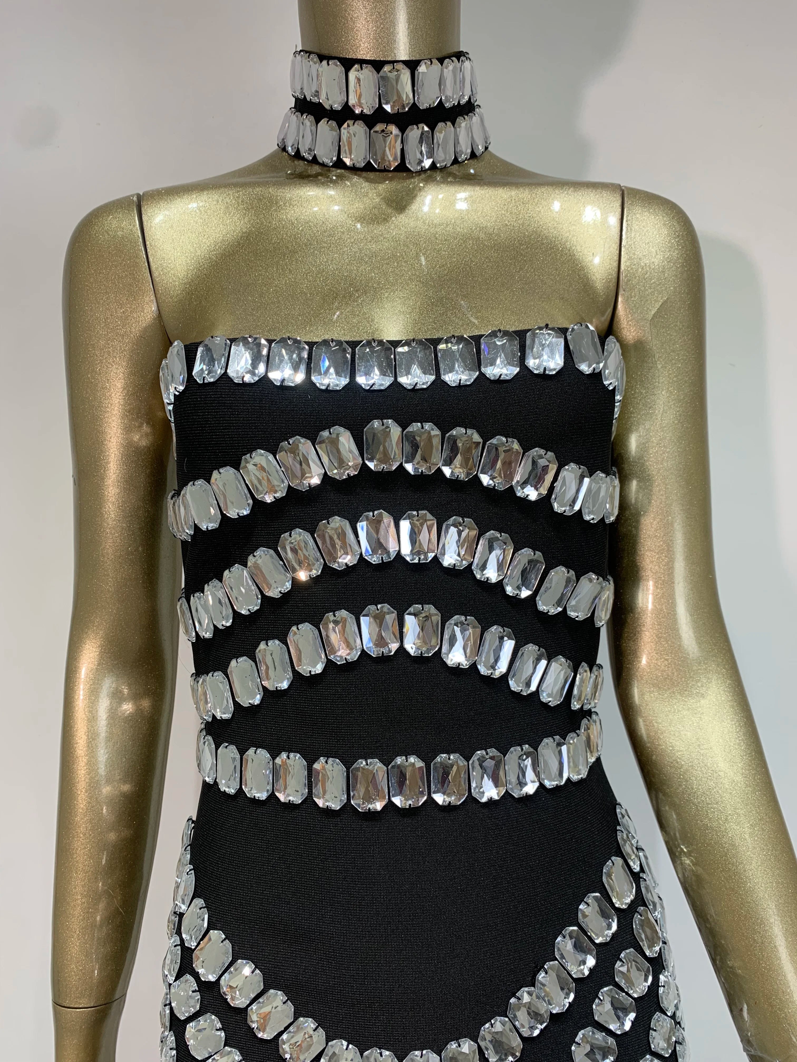 Brand New Ins 2025 Women Black Strapless Crystal Bandage Bodycon Dress Designer Collar Elegant Mini Evening Party Dress Vestido