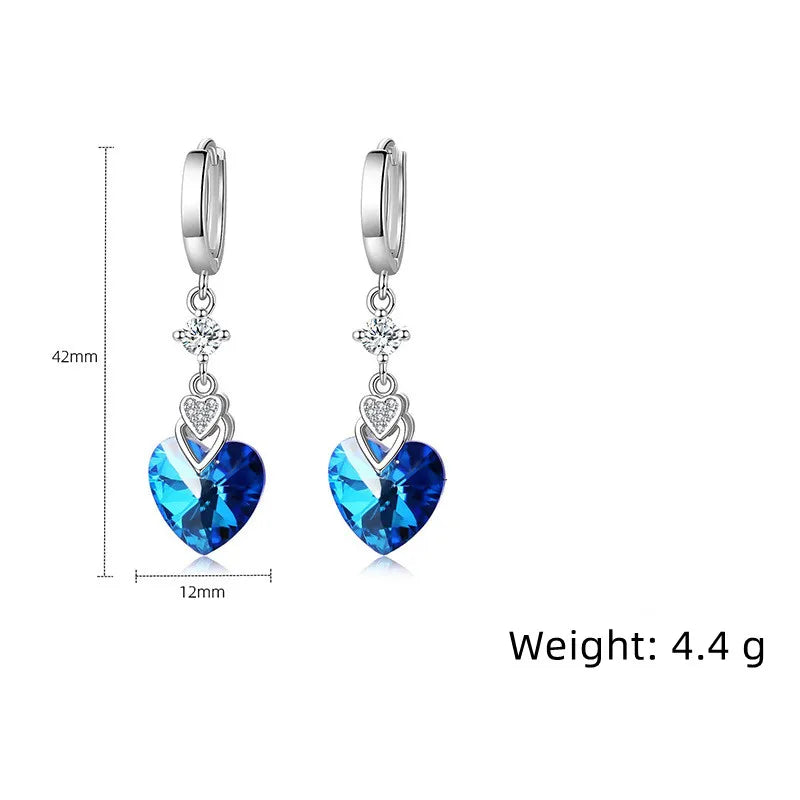 925 Sterling Silver Earrings Blue Crystal Heart-Shaped Zircon Earrings For A Woman'S Engagement Charm Jewelry Gift - KIMLUD