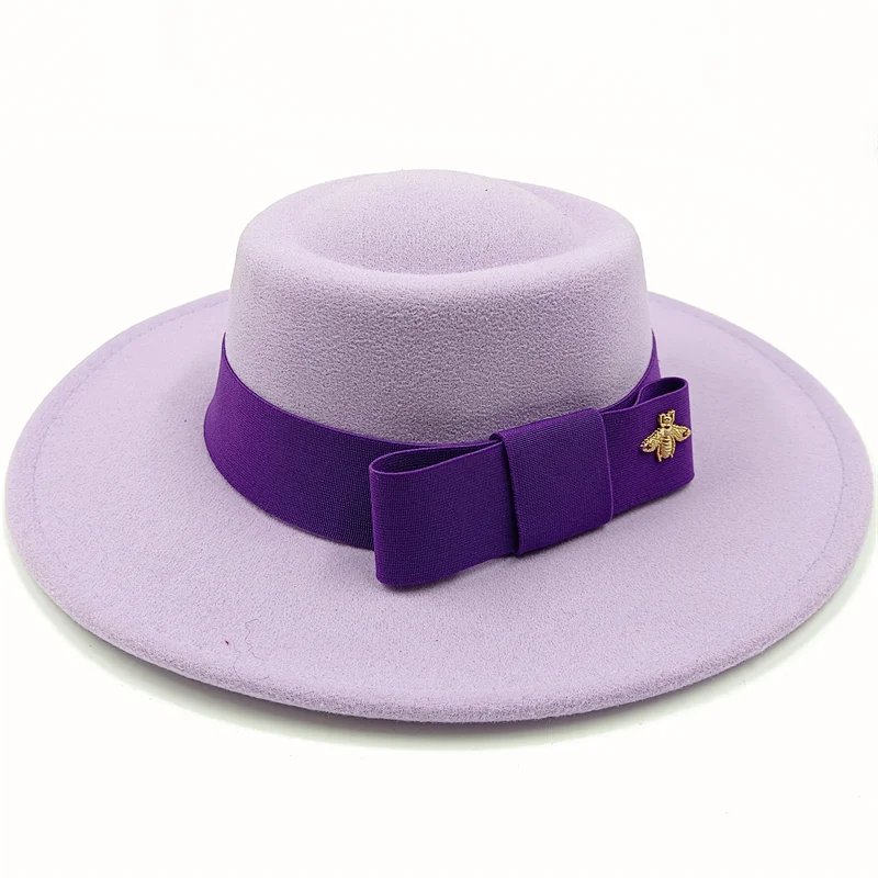 Wholesale Fedora hats Winter round concave convex surface flat top bow elastic ribbon men's and women's felt jazz hats Fedora - KIMLUD