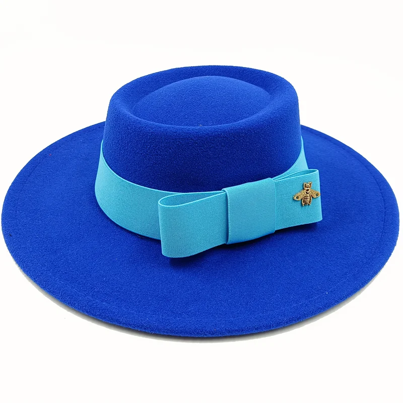 Wholesale Fedora hats Winter round concave convex surface flat top bow elastic ribbon men's and women's felt jazz hats Fedora - KIMLUD