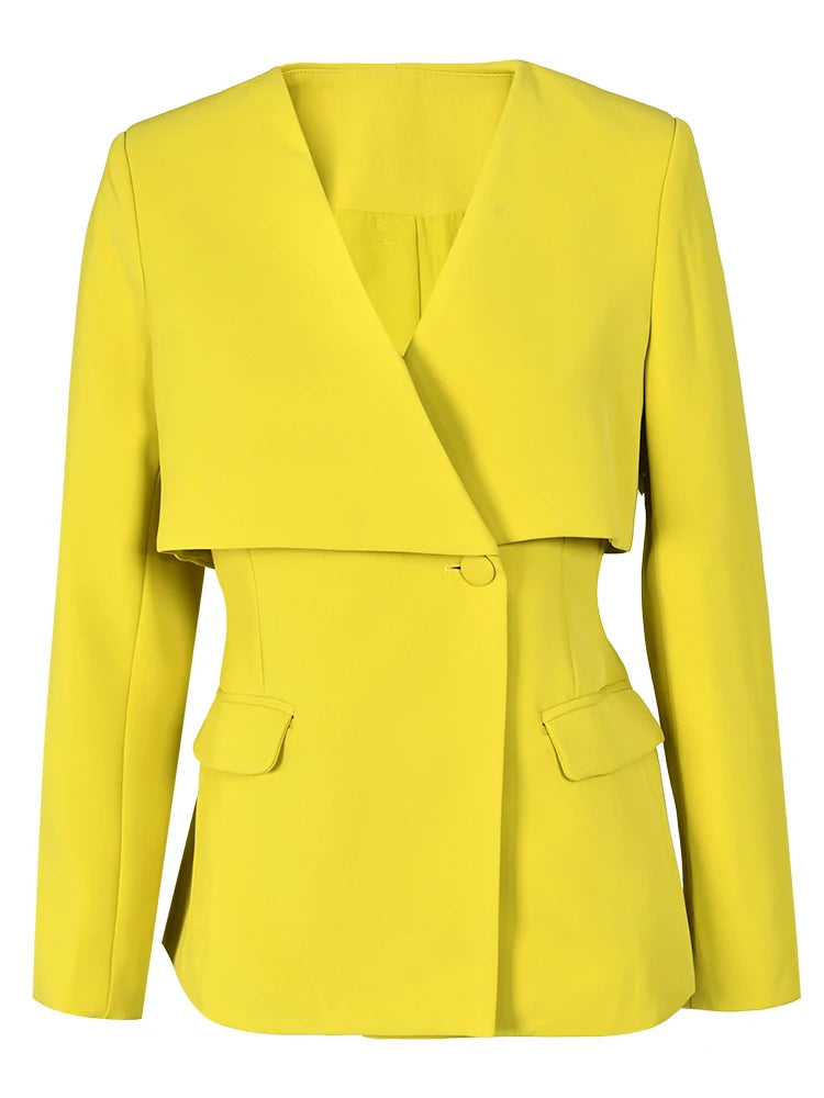 DEAT Fashhion Women's Yellow 2 Pcs Set V-neck Spliced Lpng Sleeve Blazer High Waist Wide Leg Pant Suit Summer 2024 New 15G7152 - KIMLUD